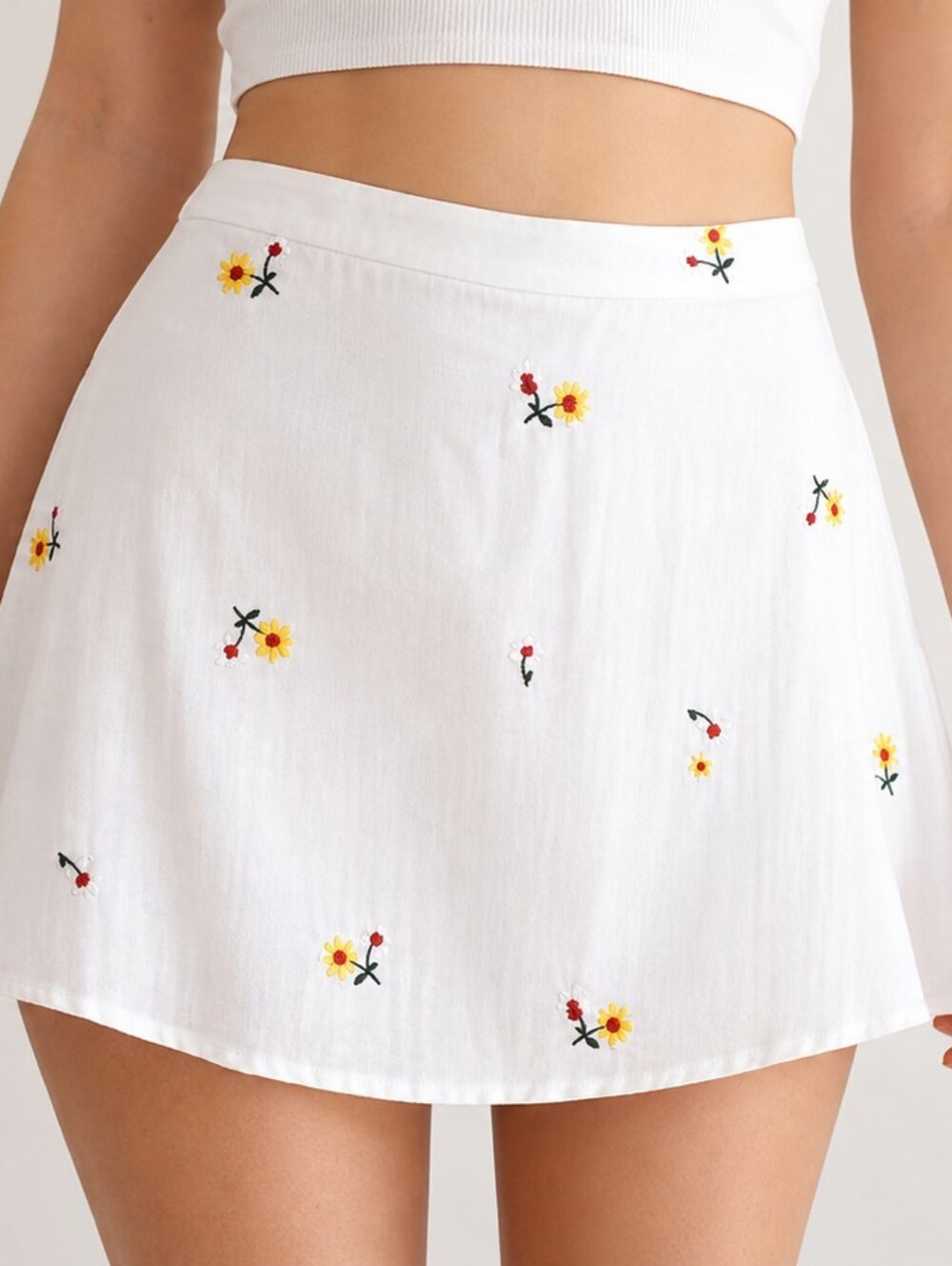 SHEIN Mod White Circle Skater Skirt - Lined, Micro Daisy Floral Embroidery Sz 2